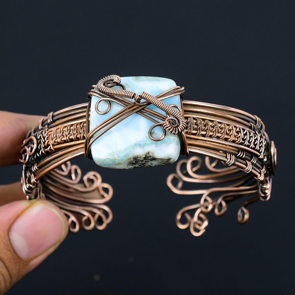 Larimar Pure Copper Wire Wrapped Ювелирные изделия ручной работы Браслет Регулируемый для свадебного подарка