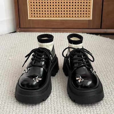 Осень Новые Туфли на Толстом Каблуке Женские Круглый Носок Глубокий Вырез Передний Ремешок Металлический Узел-Бабочка Толстая Подошва Нескользящая Обувь