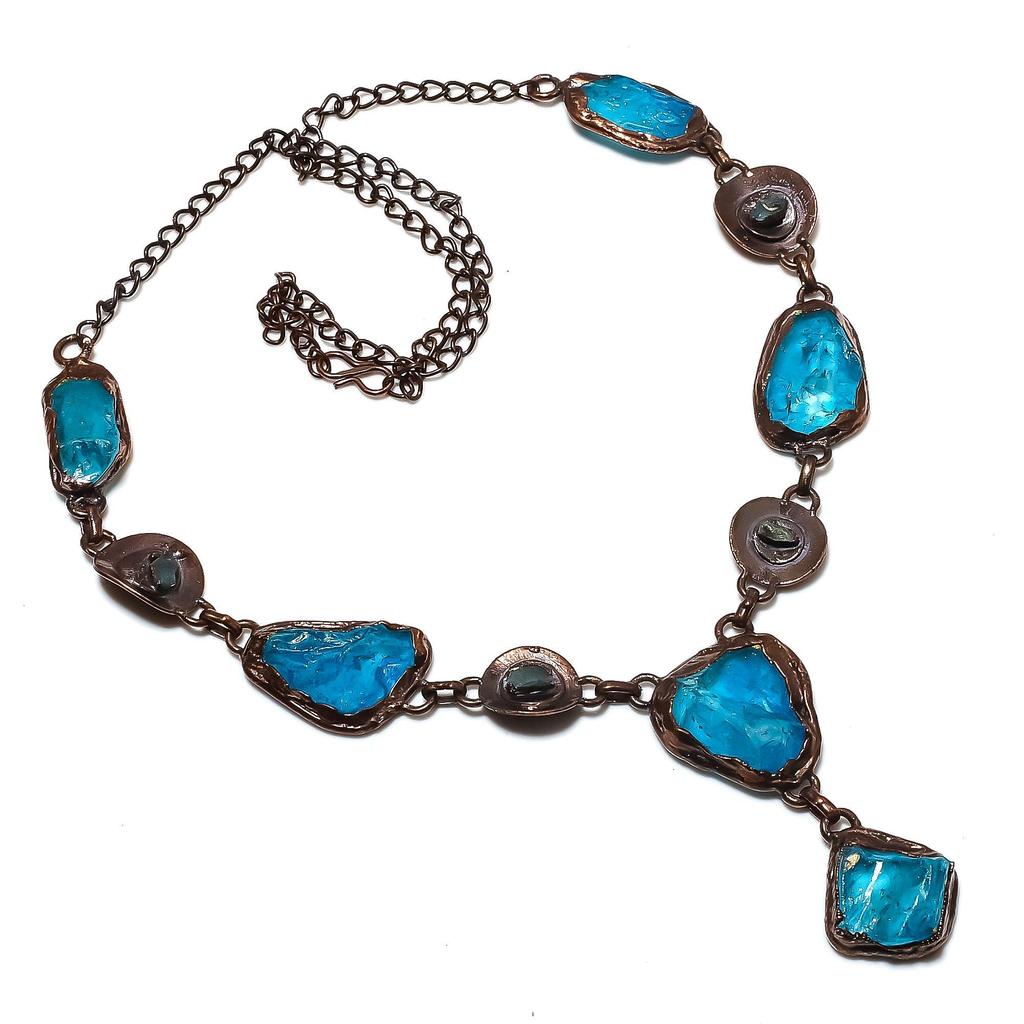 Neon Blue Apatite & Peridot Handmade Gemstone Necklace, Copper Electroformed Necklace Antique Jewelry, Adjustable Necklace Engagement Gift