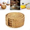 Rattan Hand Woven Round Placemat Drink Coasters Kit Cup Place Mat, Inlcuding Coaster Holder Basket