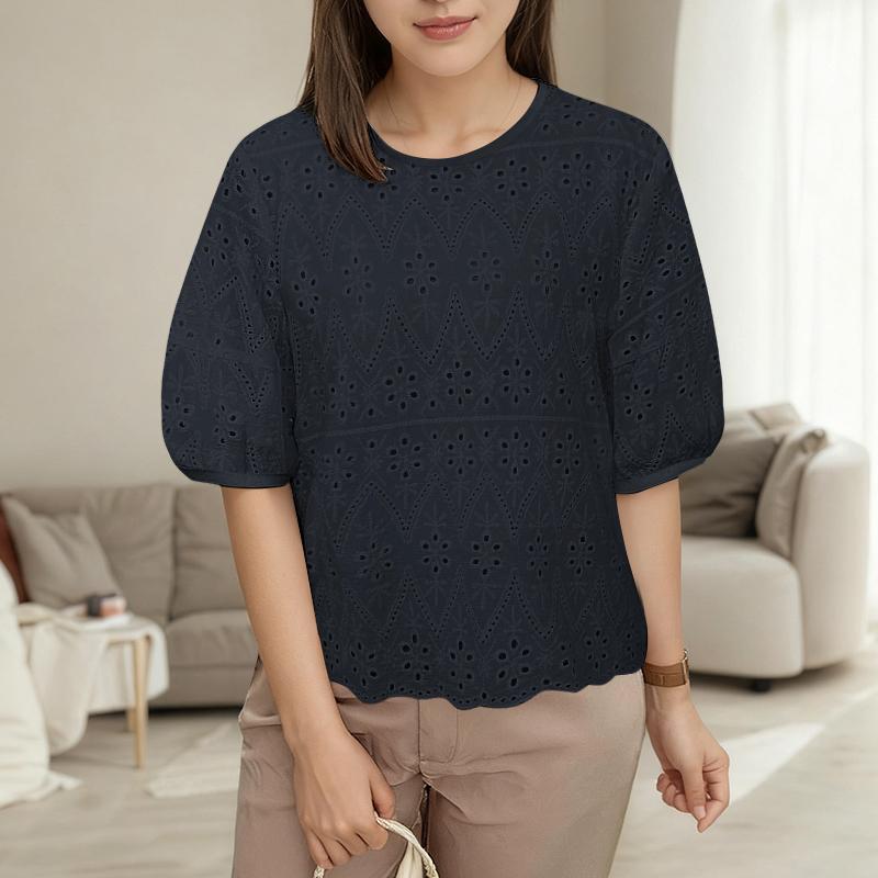 ZANZEA Женская повседневная блузка с круглым вырезом, коротким рукавом, вышивкой, крючком, пэчворком