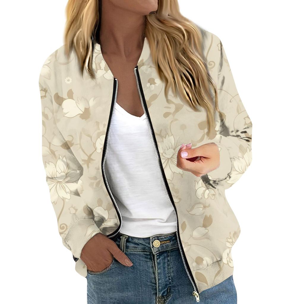 Женская куртка с длинным рукавом, легкая, на молнии, укороченная, с цветочным принтом, верхняя одежда, повседневная, стеганая куртка с карманами