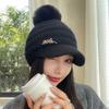 Rabbit-wool Hat for Women's Letters Bright Diamond Knitted Wool Cap Plus Velvet Warm Wool Ball Ear Protection Baseball Cap