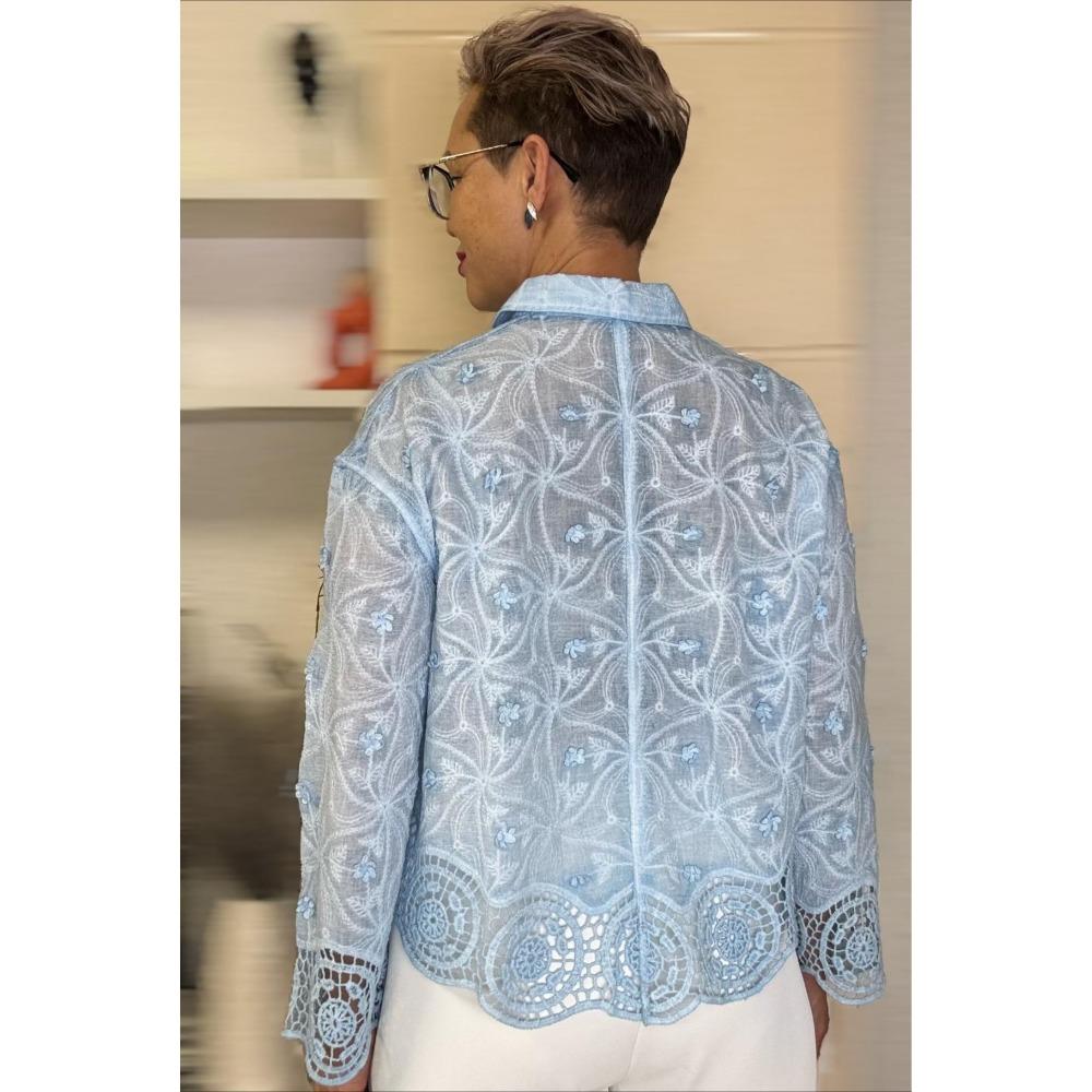 Dimanaf 2025 Весна Лето Рубашка Женская Кружевная Блузка Короткий Рукав Модные Топы Футболки Свободные Синие Футболки Новые