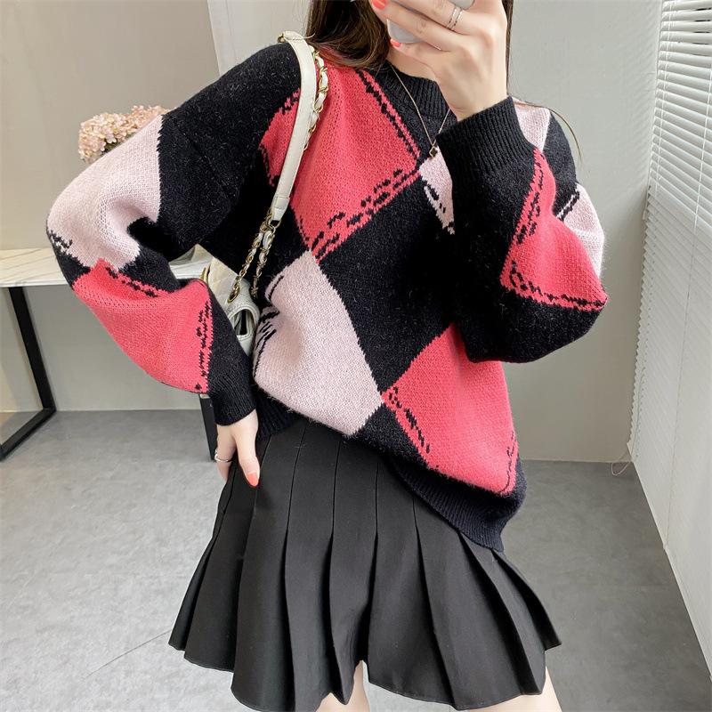 Винтажный свитер большого размера с круглым вырезом и круглым вырезом, свободные осенние свитера для женщин, корейский модный свитер с длинными рукавами