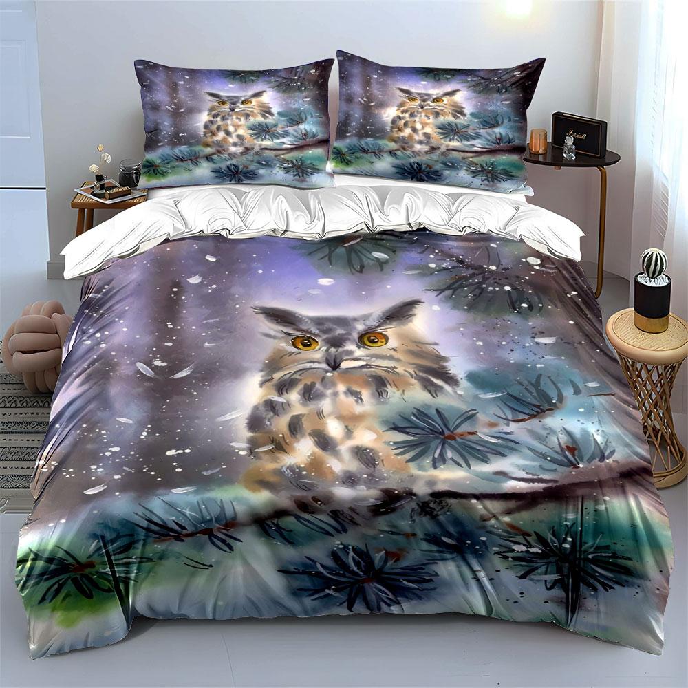 Owl with pine branches. Bedding sets Duvet cover sets Duvet covers Pillowcases(1* Duvet Cover 2* Pillowcases without duvet insert)