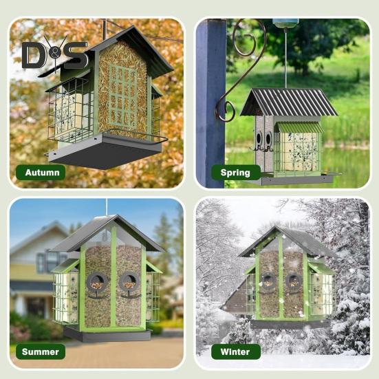 Birds Feeder for Outdoors Hanging Metal Mix Seeds Feeder with Double Suet Cage Outside Wild Birds Feeder for Garden Backyard Decor