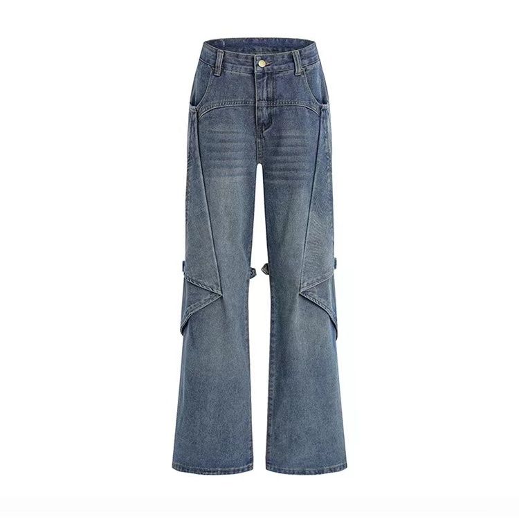 American Retro Button Tooling Jeans Women Spring High Waist Loose Drape Wide-leg Pants