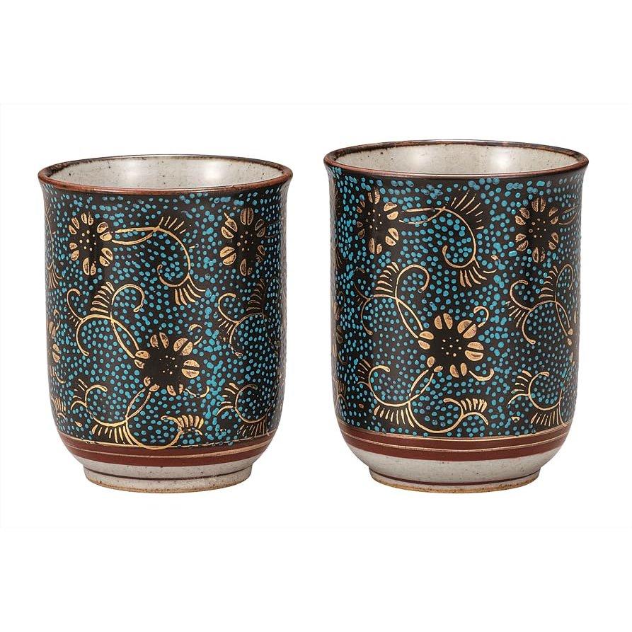 Kutani-yaki Iwataya Set of 2 Tea Cups, Blue Grain Clematis Pattern, Porcelain, Gift Boxed