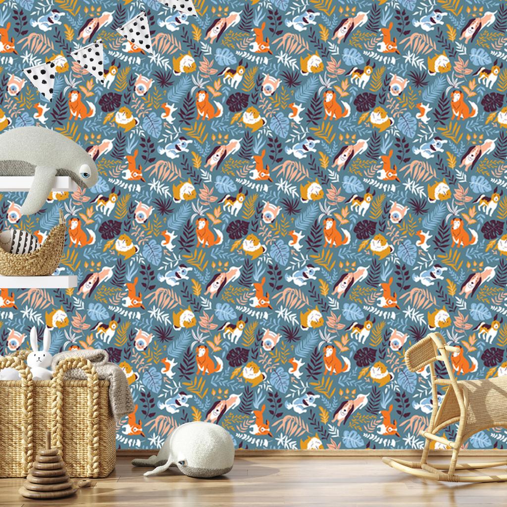 Wallpaper Cheerful dogs and tropical plants for living room and bedroom 50x1000