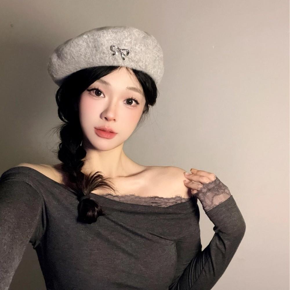 Retro Winter Wool Berets Hat Bowknot Felt Berets Fashion Plain Cap for Women