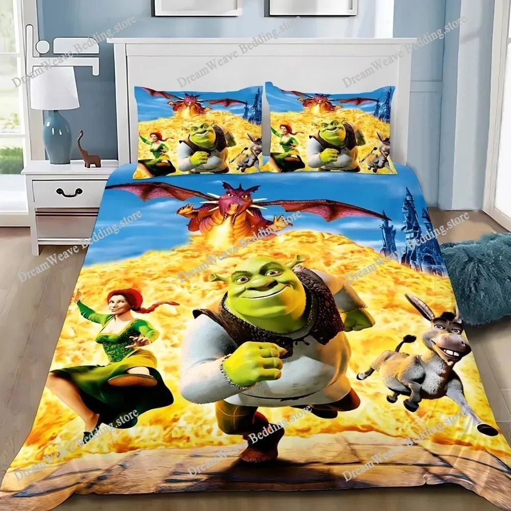 Boys and Girls Cartoon S-Shrek Duvet Cover and Pillowcase, Teen and Adult Bedding Set, Kingqueen Size, Bedroom Decoration, Gift