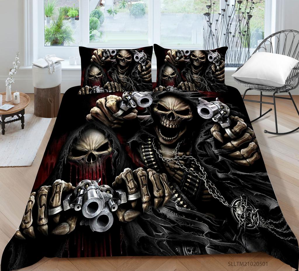 3D Black Skull Head Pattern Bedding Single Double Bed Full Size Special Skull Head Print Pillowcase and Quilt Cover 2 or 3 Comfortable Home Decoration