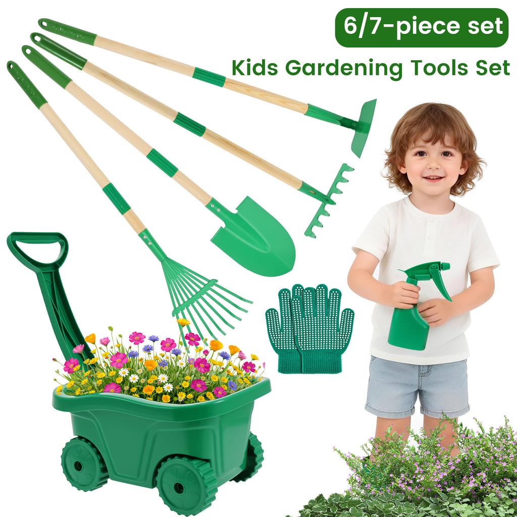 6/7Pcs Kids Gardening Tools Set Metal Rustproof Gardening Planting Tools with Wood Handle Educational Toddler Outdoor Garden Toy