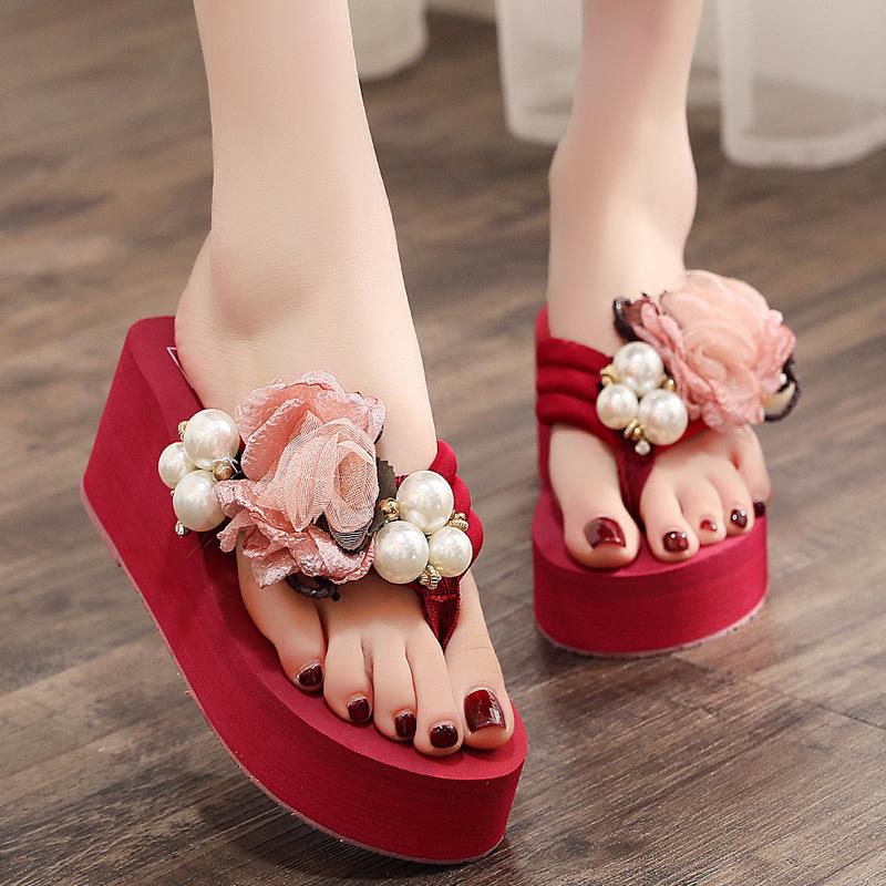 Fashion Platform Sandals 2024 Summer Fashion Women Flip Flops Wedge Beach Slides Flower Pearl Ladies Outside Thick Sole Bohemian Sandals
