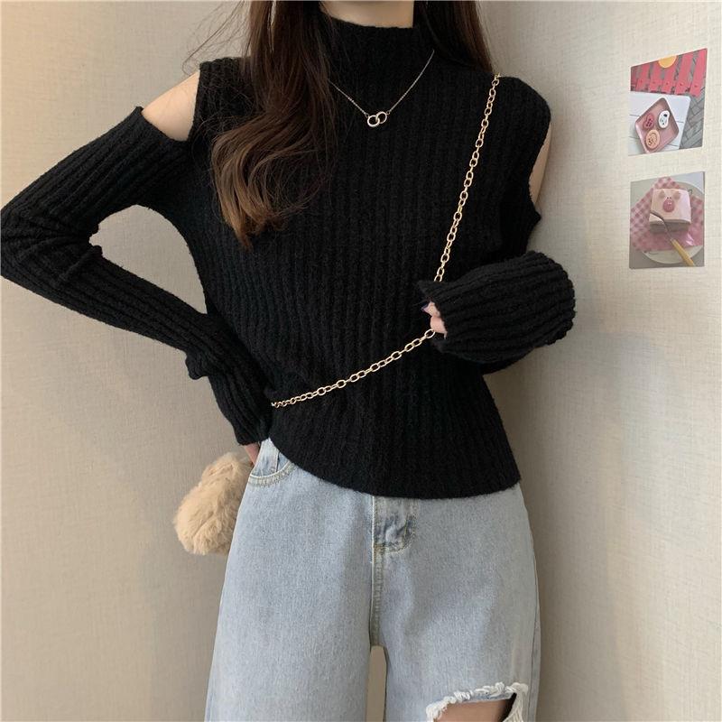 Women Turtleneck Sweaters Autumn Winter Loose Pullovers Knitted Jumper Off Shoulder Fashion Casual Knitted Sweater White Black Long Sleeve Tops