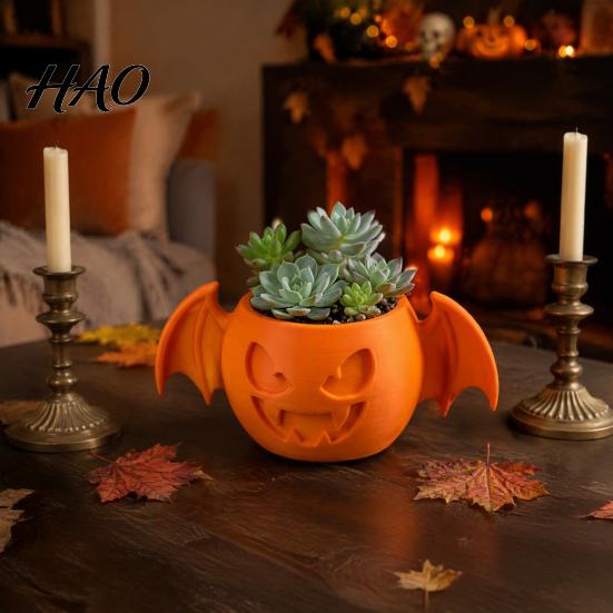 Halloween Pumpkin Succulents Pot Bat Wing Planter, 3D Printed Gothic Small Plant Creative Party Decorations Pot, Multi-Purpose Desktop Storage