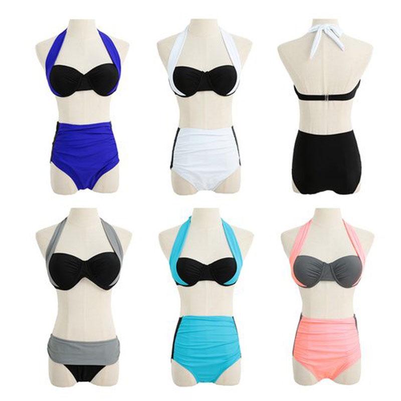 Set Women Bikini Contrast Block Halter Top High Waist Bottom Swimwear Beach