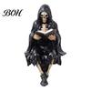 Skeleton Desktop Decor Halloween Reading Book Figurine, Spooky Devil Resin Sculpture, Gothic Winged Sculpture Black Robe Grim Reaper Statue