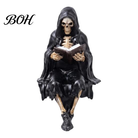 Skeleton Desktop Decor Halloween Reading Book Figurine, Spooky Devil Resin Sculpture, Gothic Winged Sculpture Black Robe Grim Reaper Statue