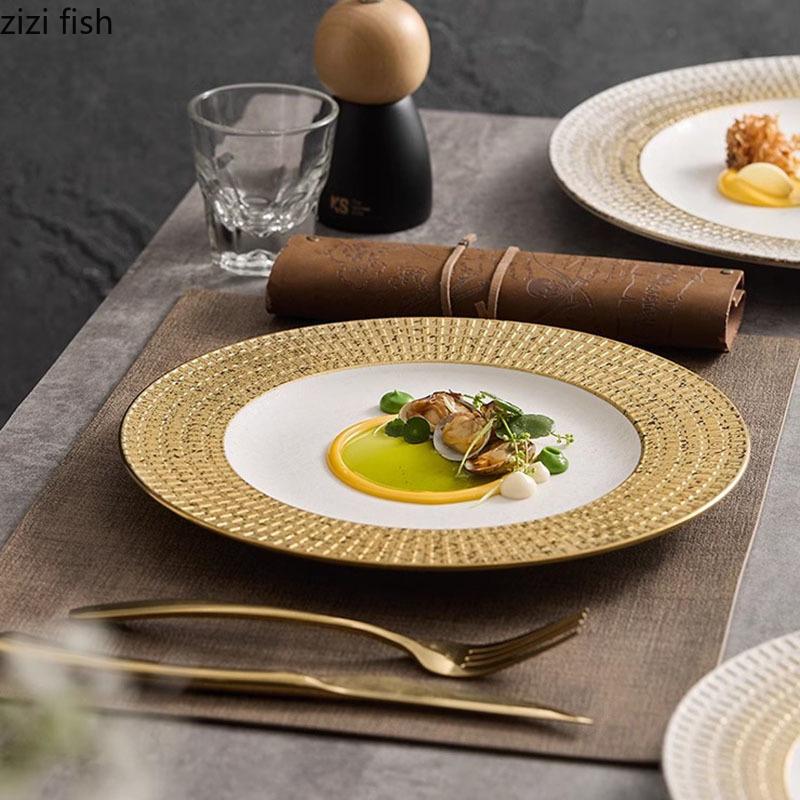 Рельефная текстурированная керамическая мелкая тарелка, белая золотая тарелка для стейка, тарелка для пасты, десертное блюдо, тарелки для закусок, креативная посуда для отелей