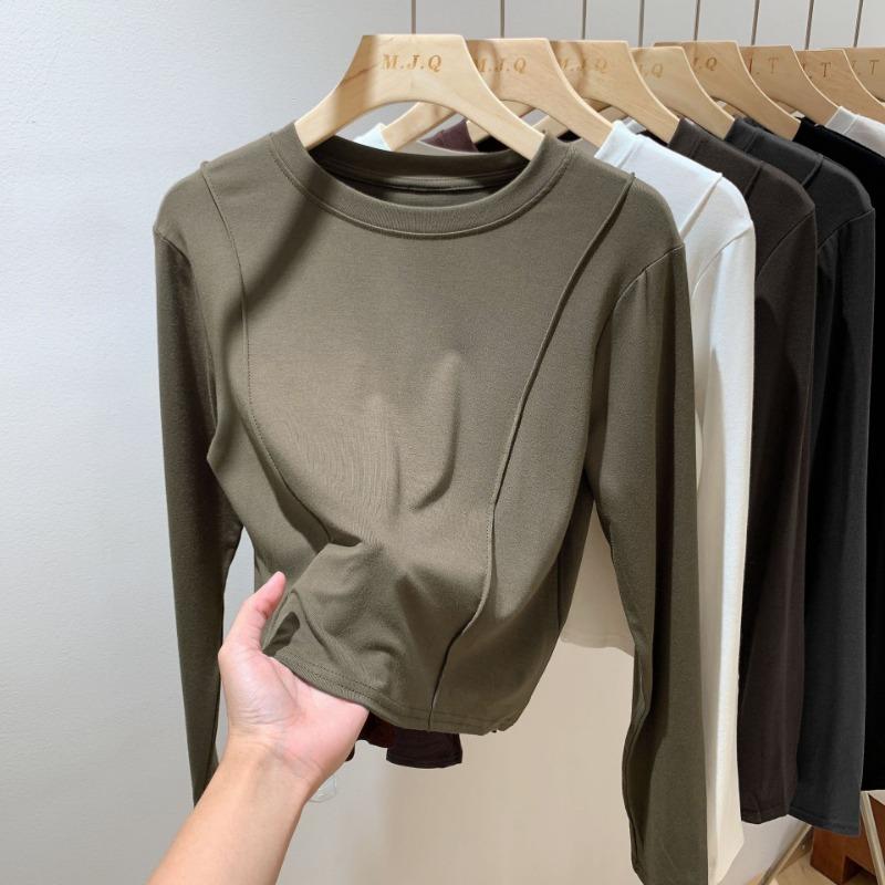 Футболка с длинными рукавами в европейском стиле с узором «рыбья кость» для женщин, осень и зима, новая облегающая рубашка с высокой внутренней талией и короткими рукавами