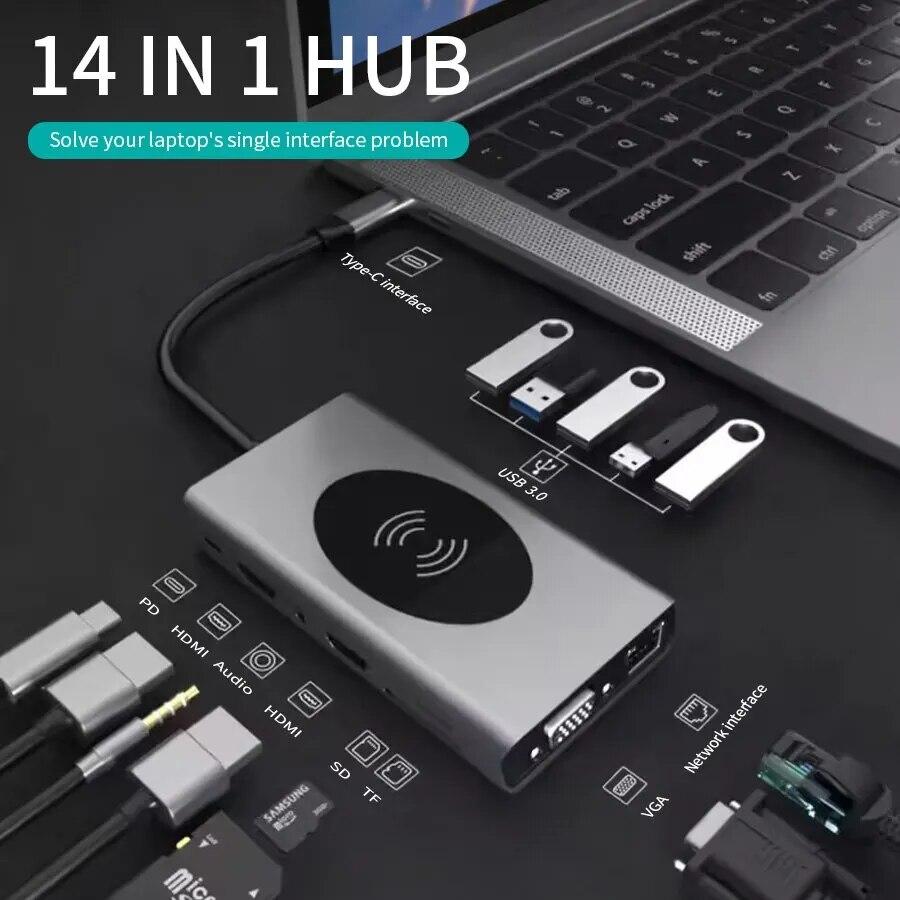 14 в 1 USB Type C HUB Беспроводная зарядка USB 3.0 RJ45 PD-совместимый с HDMI адаптер Док-станция для ноутбука Macbook Pro