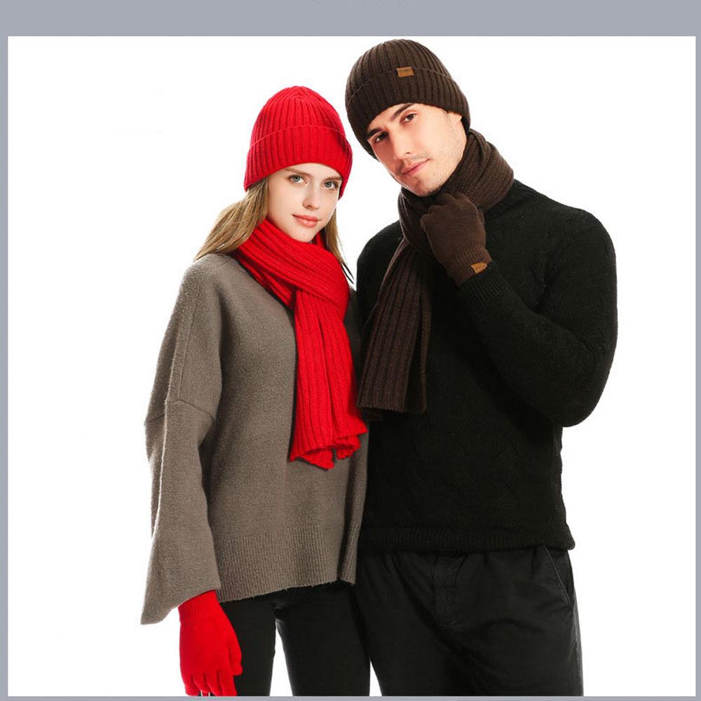Men's and Women's Autumn and Winter European and American Knitted Hat Sets Solid Color Scarf Hat Three-piece Set