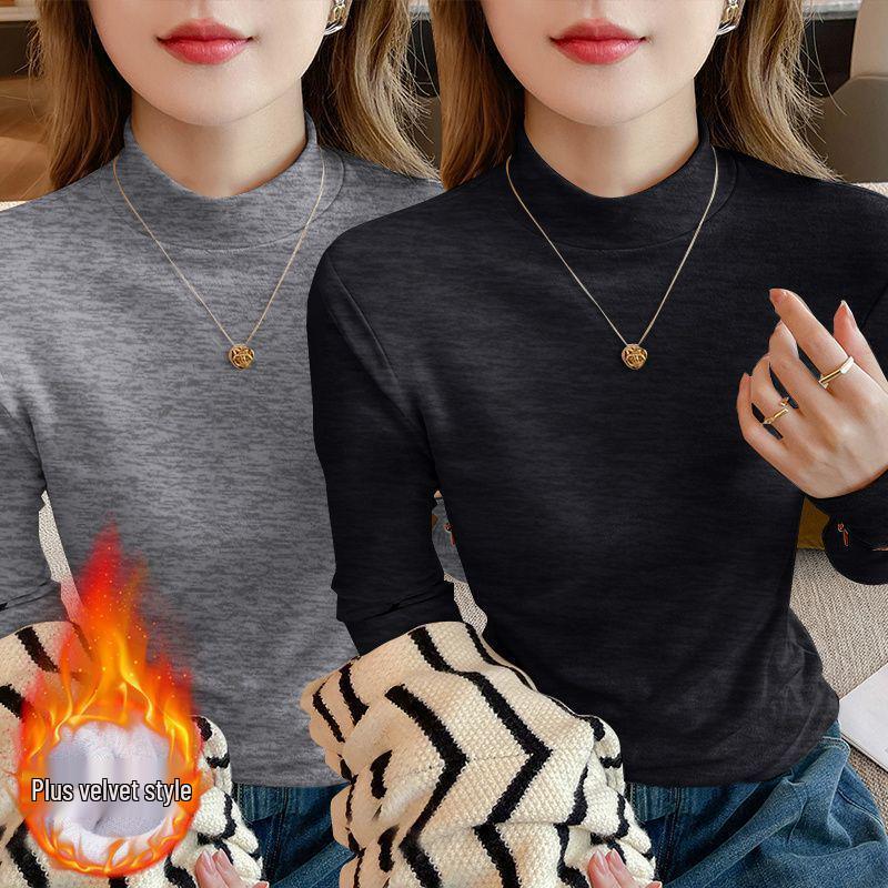 Осень 2025 Большой размер Приталенный Топ-база с длинным рукавом Свободный для женщин с воротником-стойкой