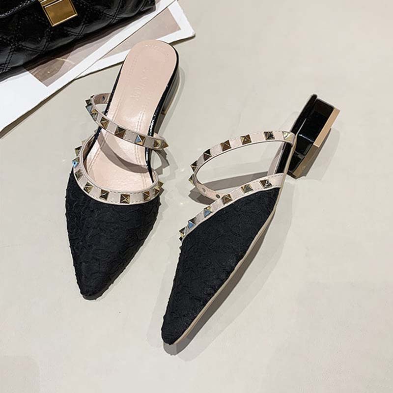 Женские босоножки на массивном каблуке с острыми заклепками, полутапочки Baotou, женские пикантные сандалии из мягкой кожи, тапочки с острым носком на низком каблуке