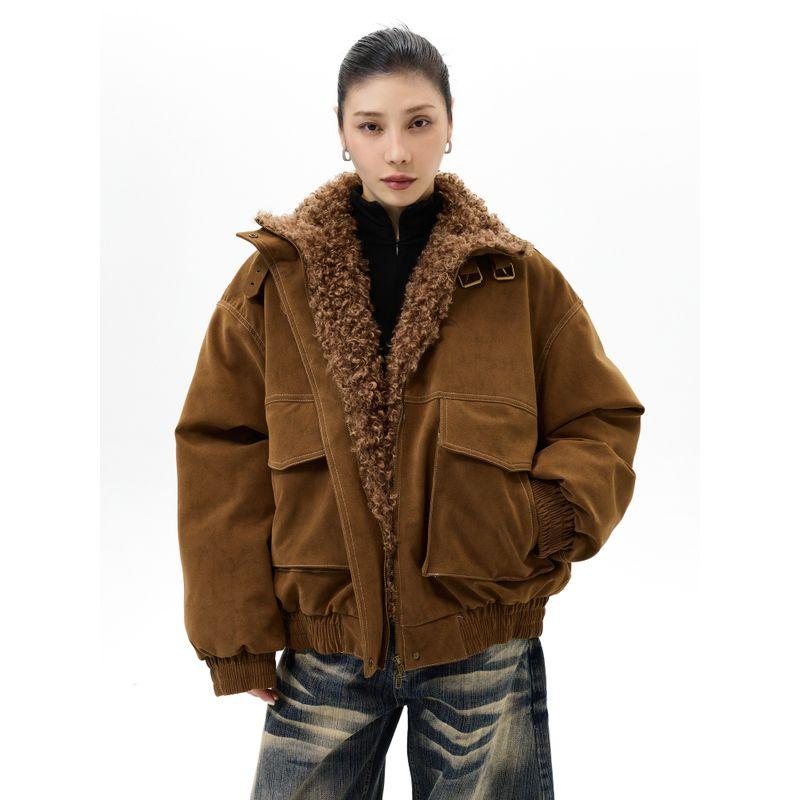 Kisko Winter American-Style Mountain Carving Suede Warm Stand-Up Collar Cotton Jacket for Men and Women, High-End Loose Casual Trendy Coat