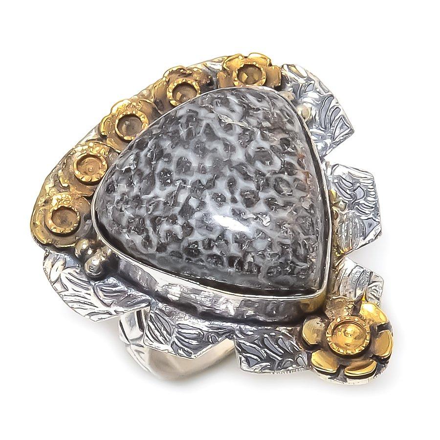 Stingrey Coral Gemstone 925 Sterling Silver Jewelry Two Tone Ring Size 9