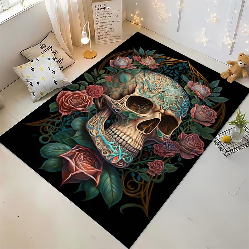 Decorative Artistic Skull Pattern Rug with Roses and Floral Design Suitable for use as an anti-slip for living room bedroom sofas