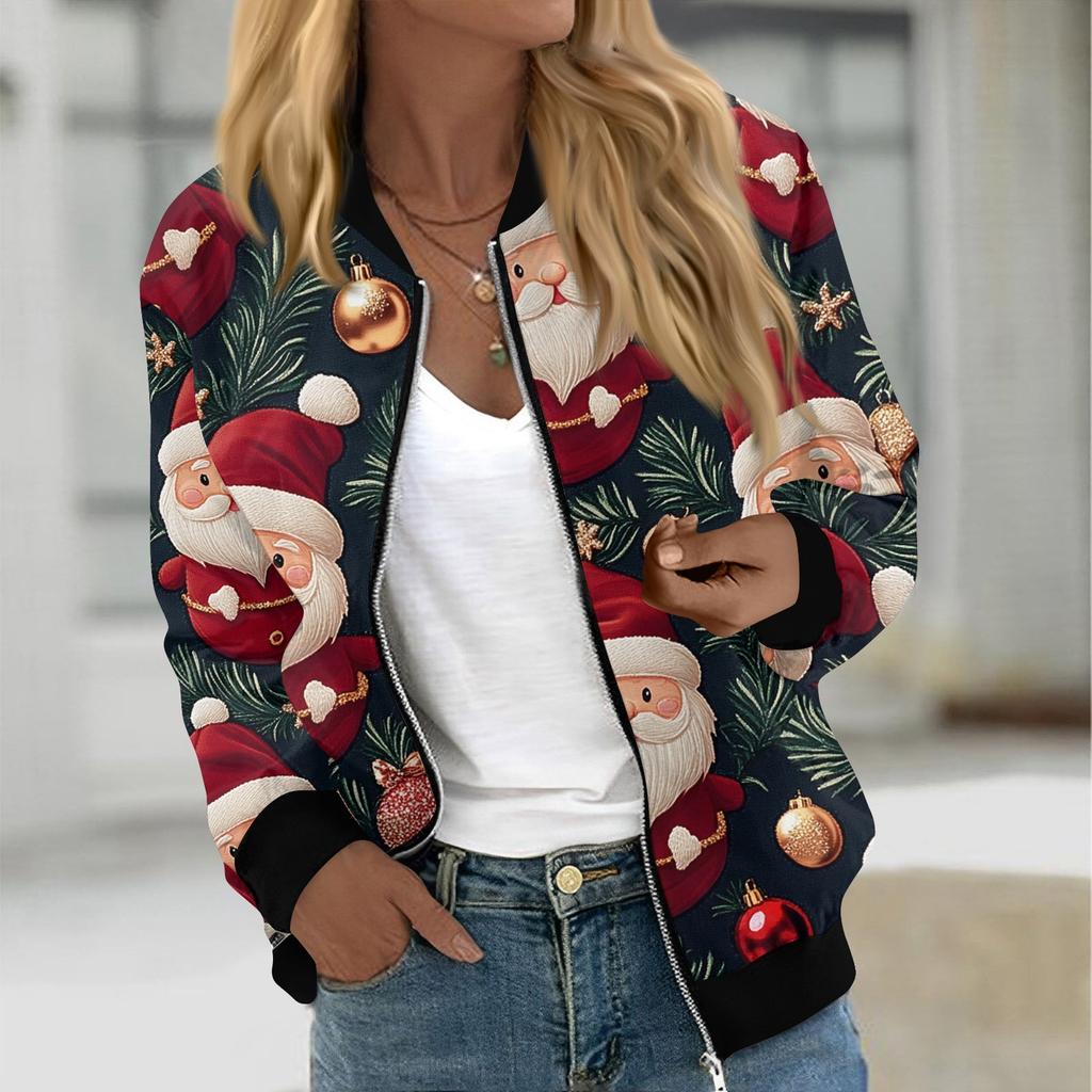 Куртки женские с длинным рукавом, легкие, на молнии, укороченные, модные, с рождественским принтом, верхняя одежда, повседневные, стеганые куртки с карманами