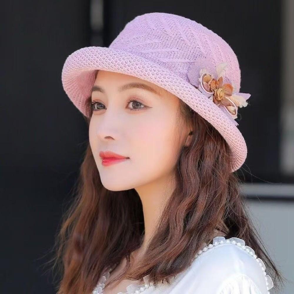 Solid Color Sunscreen Bucket Cap Rolled Brim Women Sun Cap Sweet Flower Fisherman Hat Girls