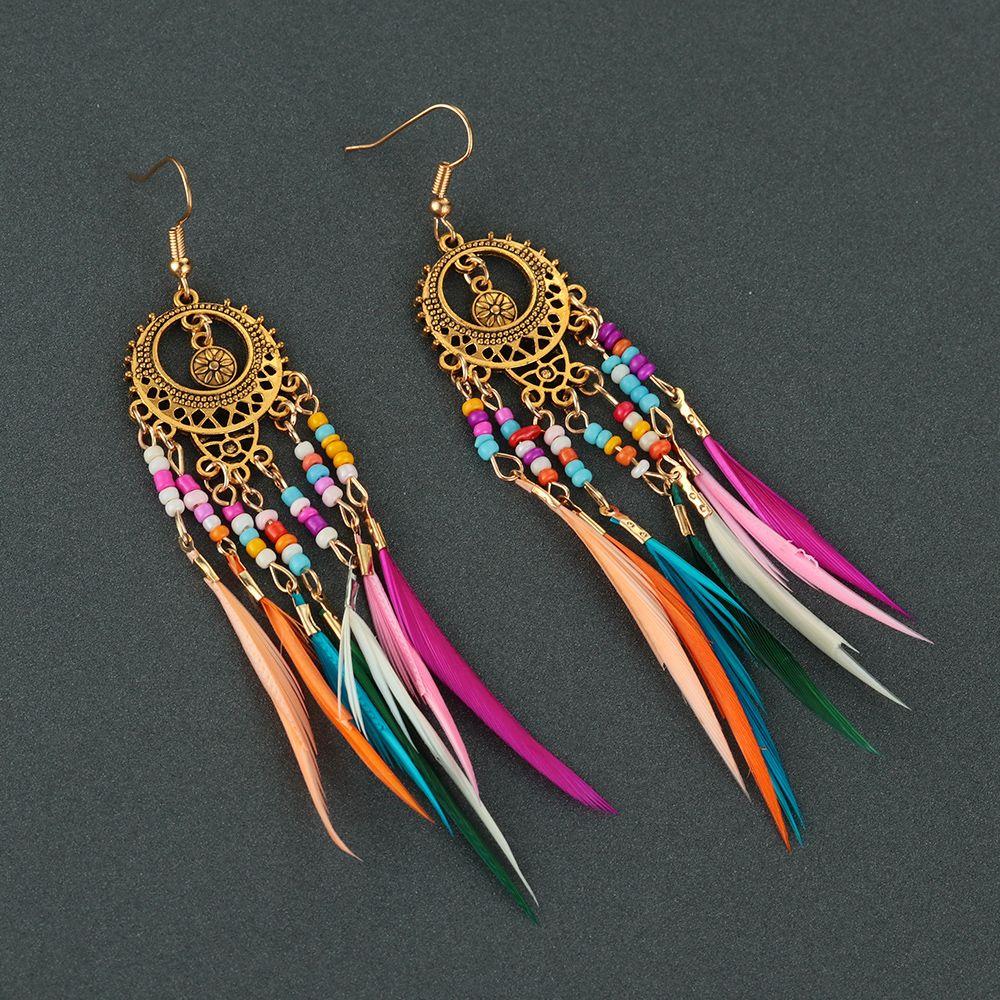 New Hollow Boho Earrings Rainbow Beads Feather Dangle Drop Golden Silver