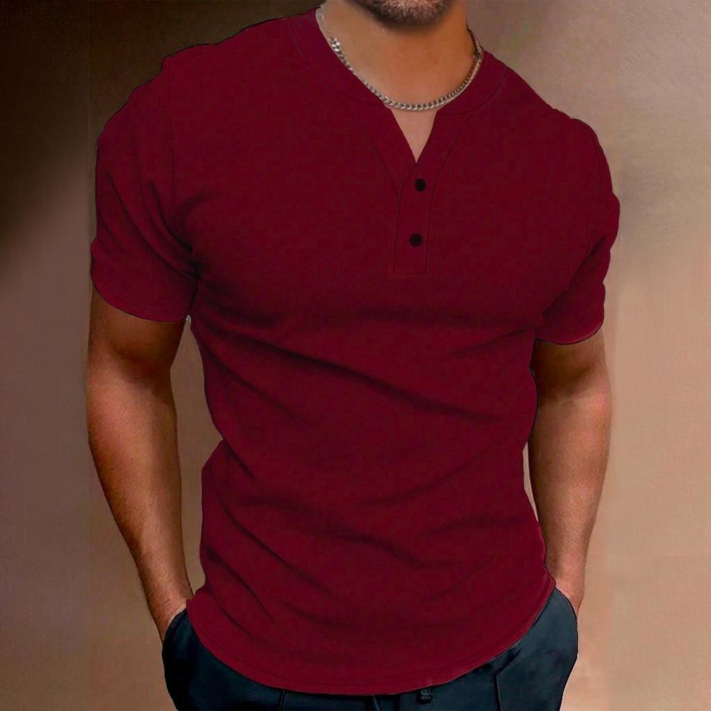 Мужская однотонная рубашка с V-образным вырезом и пуговицами, мужская спортивная рубашка с коротким рукавом