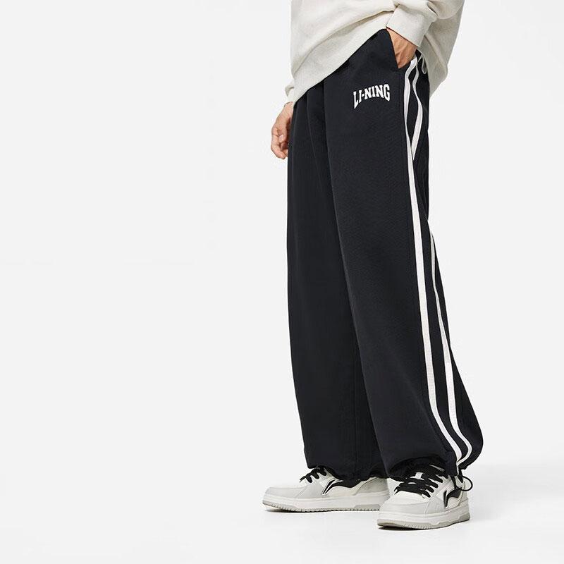 Штаны спортивные прямые трикотажные с боковыми полосками серии Li Ning Lifestyle, унисекс, черные AKLTB15-1