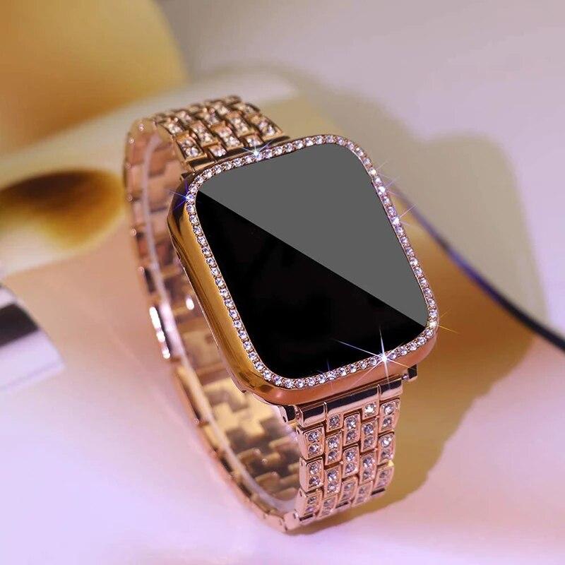Металлический ремешок для Apple Watch Band 41 мм, 45 мм, 40 мм, 44 мм, женский браслет из нержавеющей стали с бриллиантами, аксессуары для iWatch 9, 8, 7, 6 SE 5