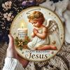 Wooden 1pc Angel Theme "Happy Birthday Jesus" Round 2D Flat Wooden Sign - Wood Decorative Plaque for Door, Wall, Home, Room, Farmhouse, Street, Garage