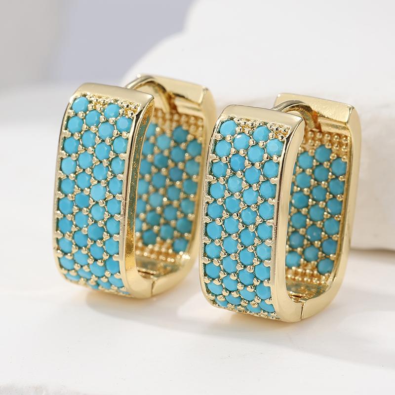 Creative Women's Full Inlaid Synthetic Turquoise Hoop Earrings Women's Retro Geometric Golden Plated Jewelry Accessories