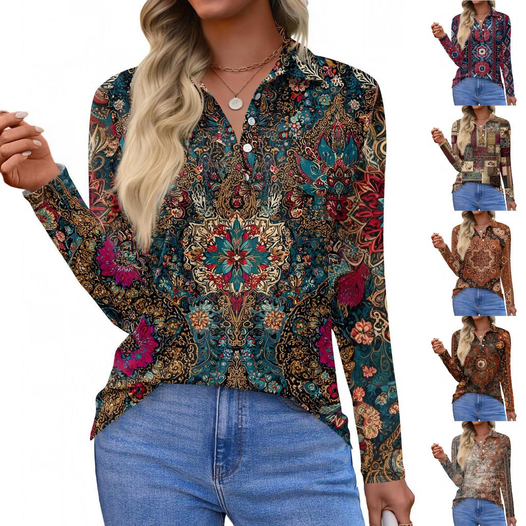 Women's Fashion Casual Lapel Short Long Sleeve Print Shirt Women's Button Up Tops