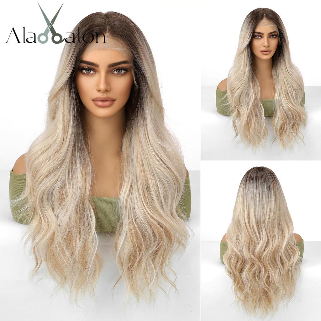 ALAN EATON HD 13x6 Lace Wigs Synthetic Long Wavy Hair BLonde Ombre Wigs Daily Use Party Wig for White Women Heat Resistant