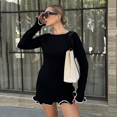 Новое трикотажное мини-платье для женщин Fungus Contrast Color Slim Sweeper Dress Elegant Female Dress Long Sleeve Dress