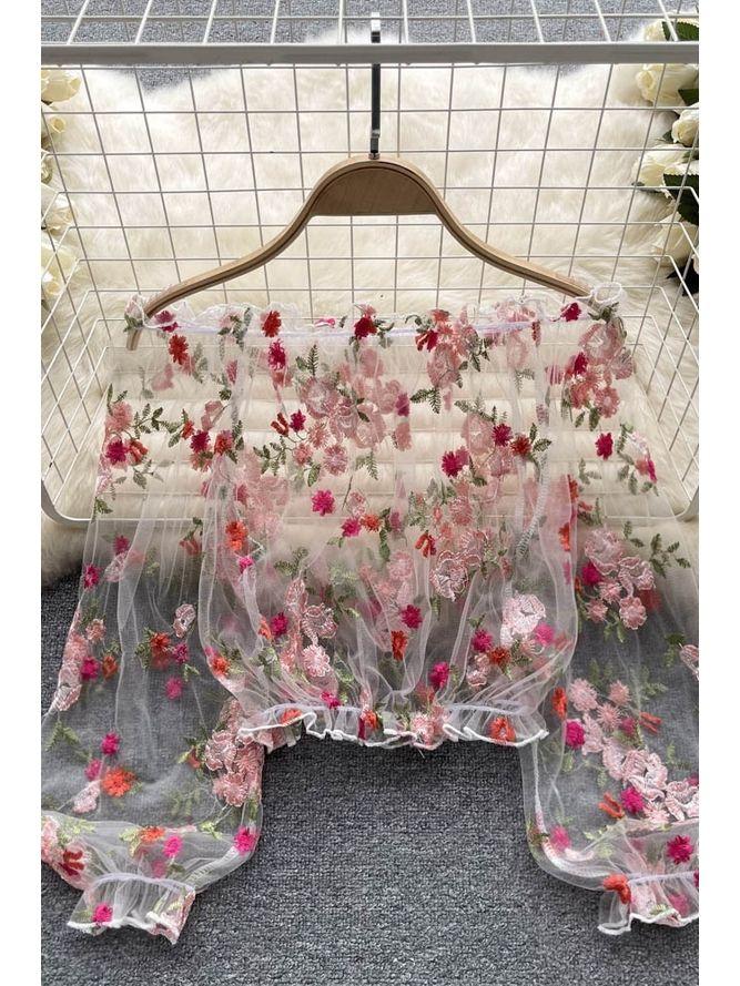 Женские рубашки с открытыми плечами Топы с длинным рукавом-фонариком Прозрачный кружевной пуловер Блузка с цветочным принтом Рубашка Блузки