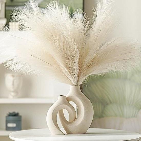 Levvohd vase stylish interior base ceramic hollow dry flower single stem 2-piece set (beige medium)