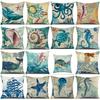 Sea Turtle Nautical Mermaid Pattern Cotton Linen Throw Pillow Cushion Cover Car Home Decoration Sofa Decorative Pillowcase 40018