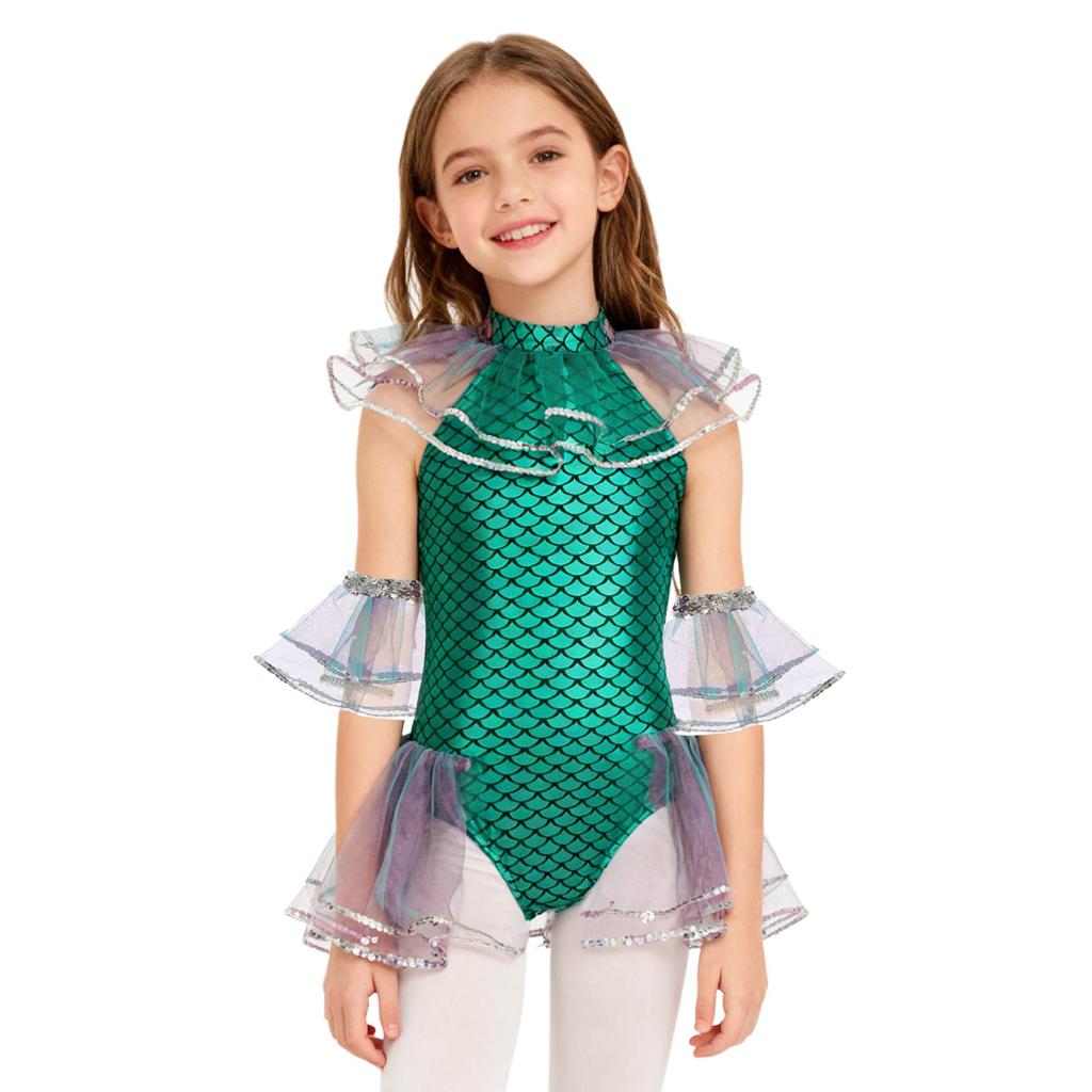 Girls Halloween Mermaid Cosplay Costume Sleeveless Mermaid Fish Scales Print Mesh Sequins Bodysuit with Arm Sleeves Holiday Party Costume
