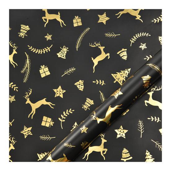 Рождественская двусторонняя рулонная упаковочная бумага Черная Золотая фольга Дизайн Рождественская елка Снежинка Олень Подарочная упаковочная бумага 17" x 190" Джамбо рулон