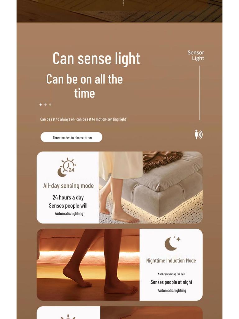 Светодиодная лента с датчиком движения, заряжаемая от USB: Ультратонкая, самоклеящаяся, беспроводная ночная подсветка